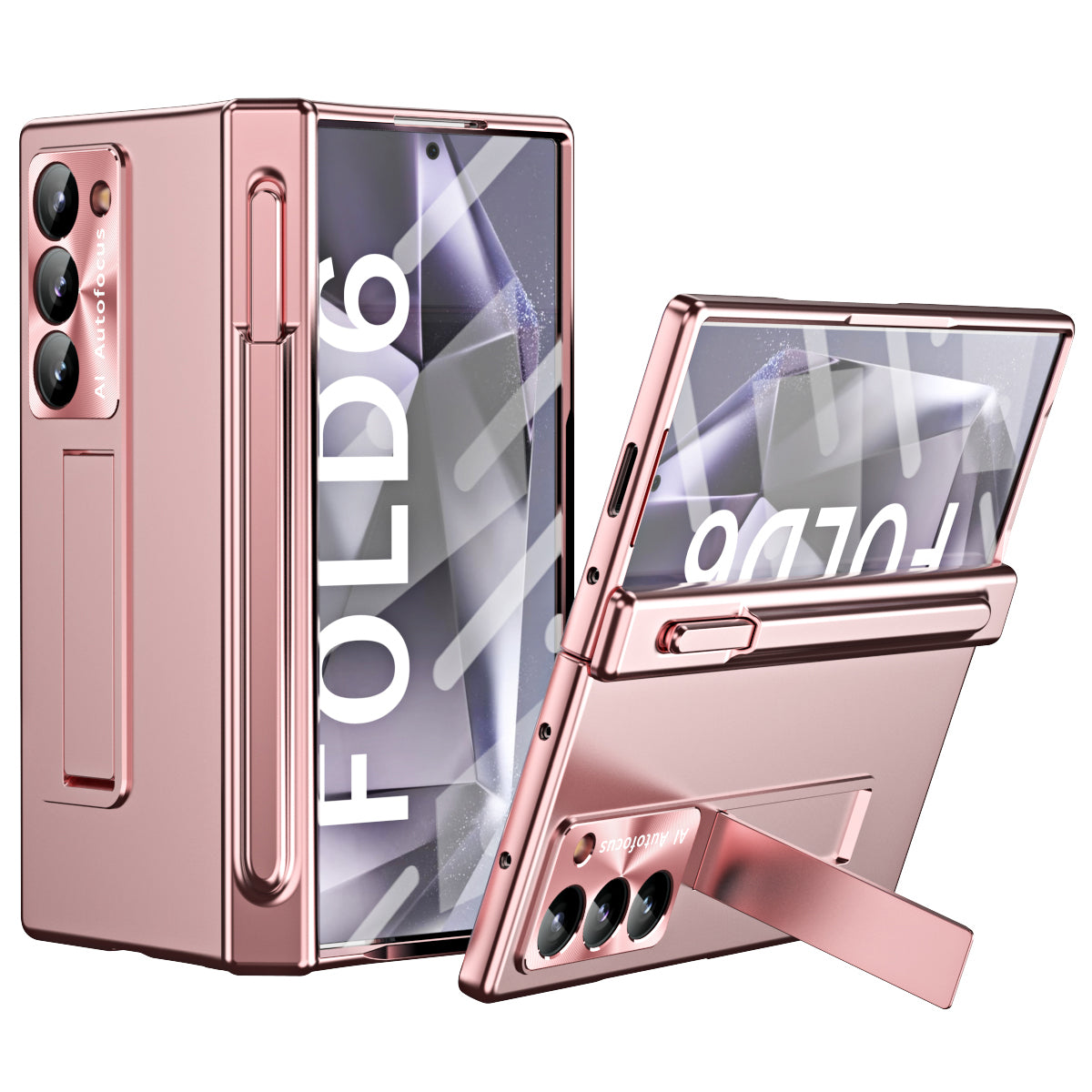For Samsung Galaxy Z Fold6 5G Had PC Phone Case Kickstand Cover with Pen  /  Pen Slot - Rose Gold