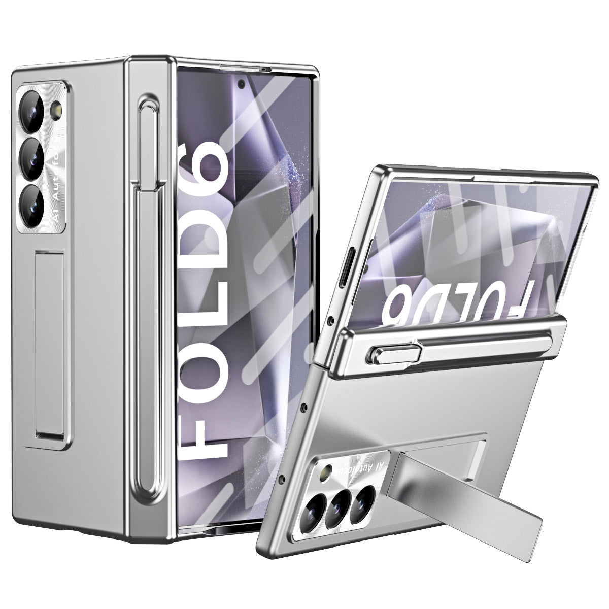 For Samsung Galaxy Z Fold6 5G Had PC Phone Case Kickstand Cover with Pen  /  Pen Slot - Silver