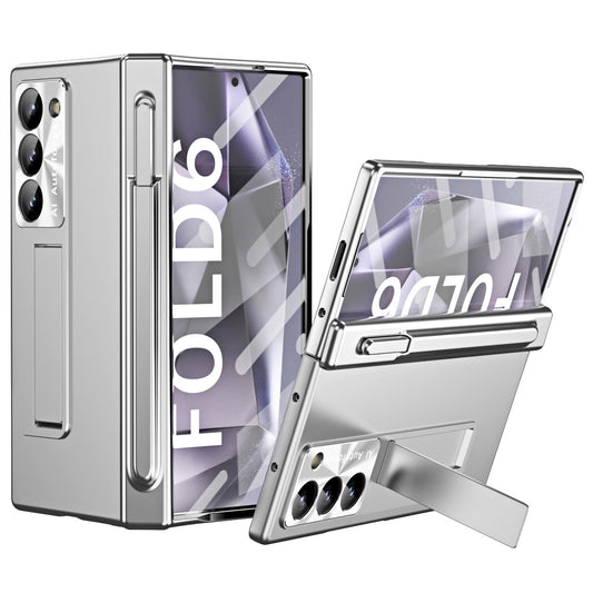 For Samsung Galaxy Z Fold6 5G Had PC Phone Case Kickstand Cover with Pen  /  Pen Slot - Silver