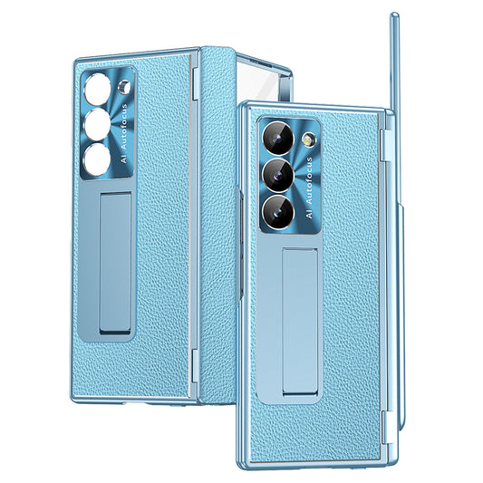 For Samsung Galaxy Z Fold6 5G PU Leather+Aluminum Alloy Kickstand Cover Folding Phone Case with Pen  /  Pen Slot - Baby Blue