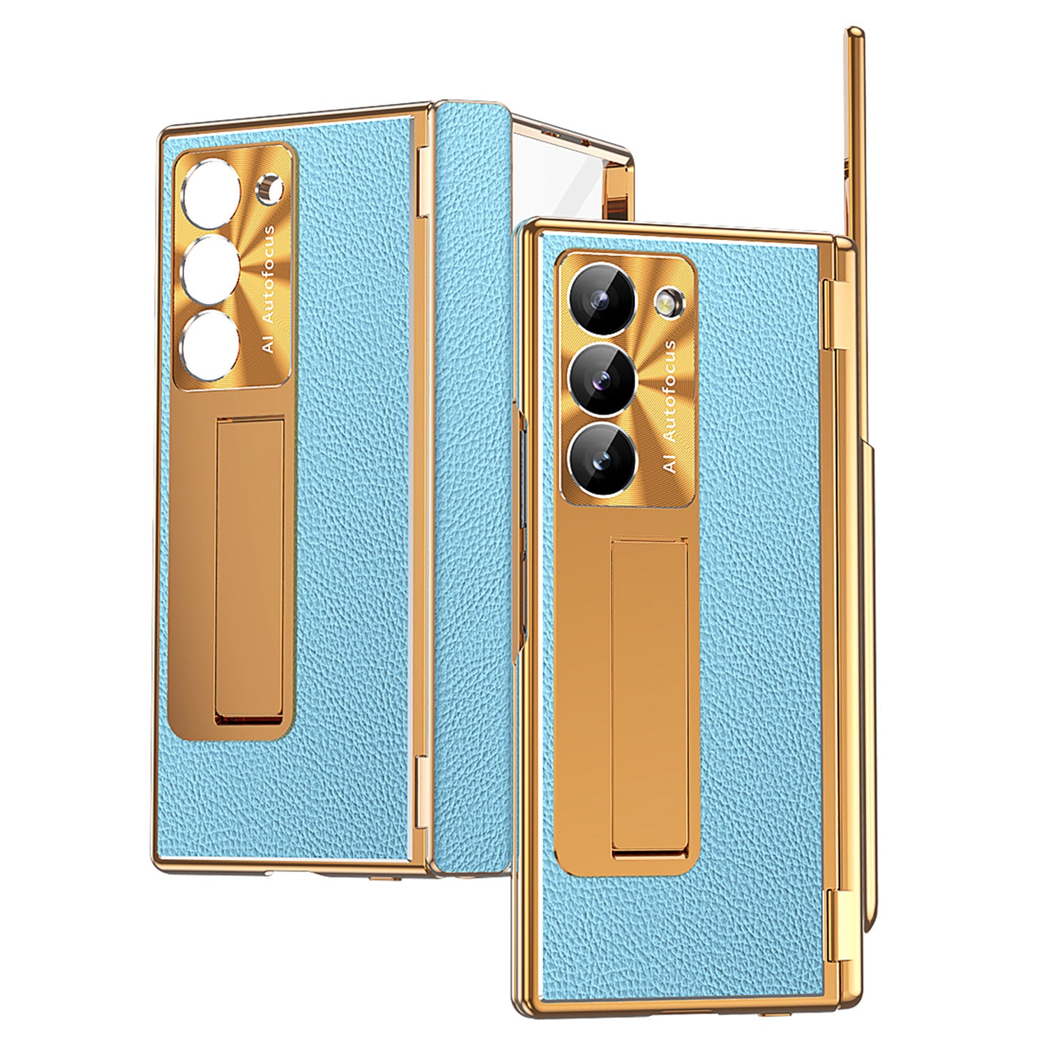 For Samsung Galaxy Z Fold6 5G PU Leather+Aluminum Alloy Kickstand Cover Folding Phone Case with Pen  /  Pen Slot - Gold+Blue