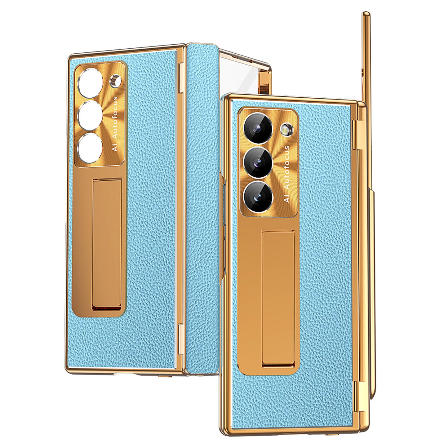 For Samsung Galaxy Z Fold6 5G PU Leather+Aluminum Alloy Kickstand Cover Folding Phone Case with Pen  /  Pen Slot - Gold+Blue