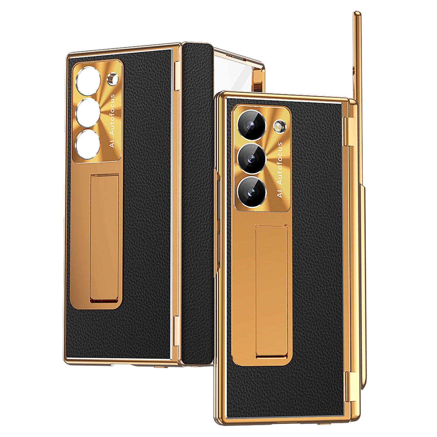 For Samsung Galaxy Z Fold6 5G PU Leather+Aluminum Alloy Kickstand Cover Folding Phone Case with Pen  /  Pen Slot - Gold+Black