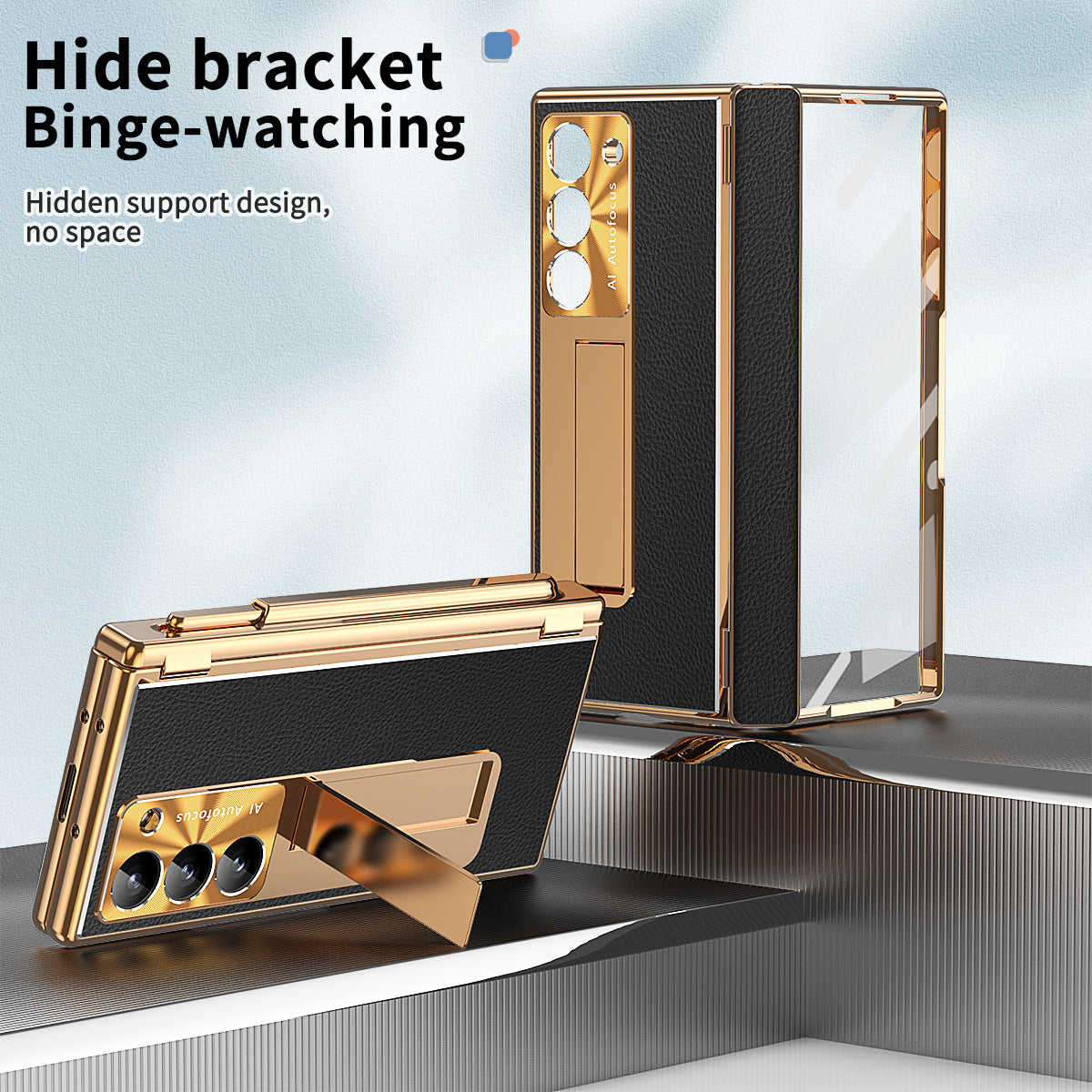 For Samsung Galaxy Z Fold6 5G PU Leather+Aluminum Alloy Kickstand Cover Folding Phone Case with Pen  /  Pen Slot - Gold+Black