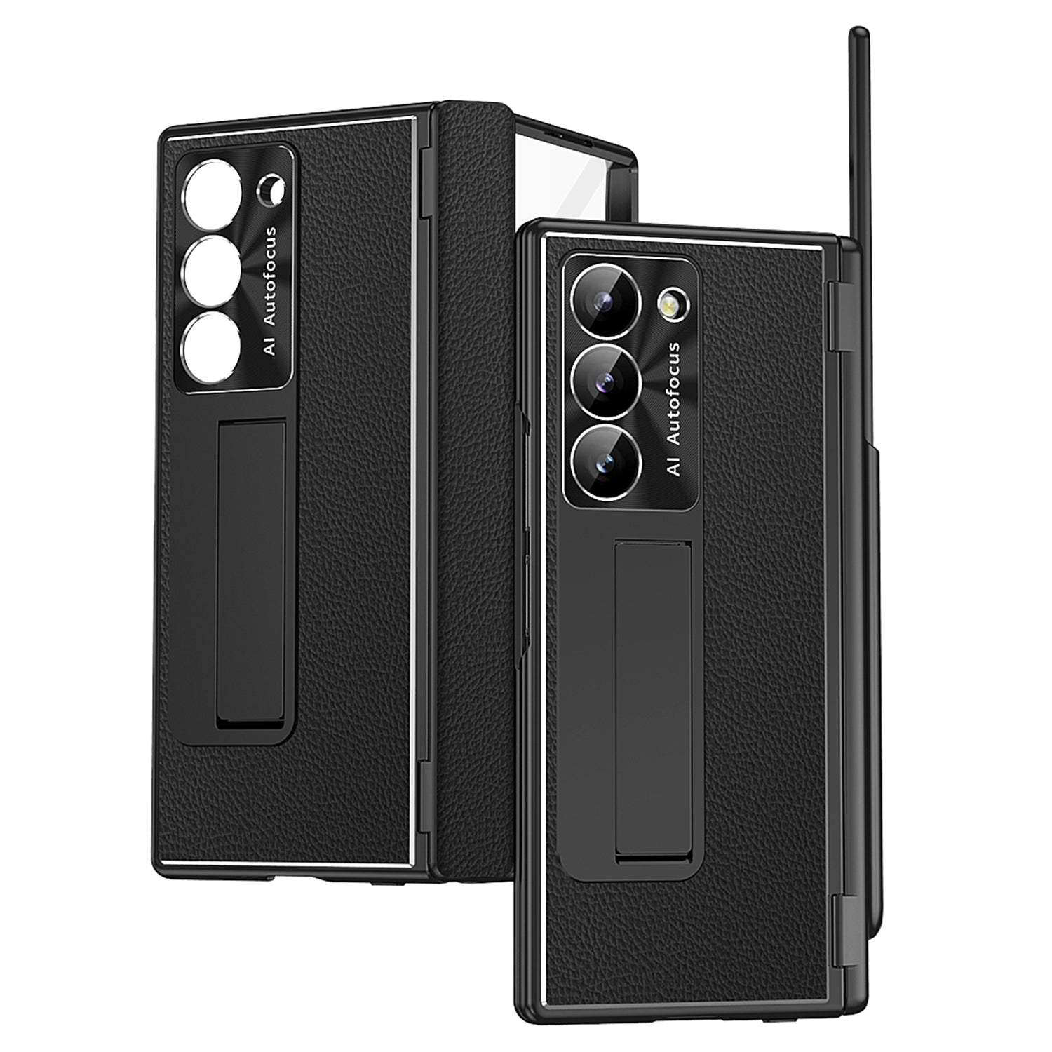 For Samsung Galaxy Z Fold6 5G PU Leather+Aluminum Alloy Kickstand Cover Folding Phone Case with Pen  /  Pen Slot - Black