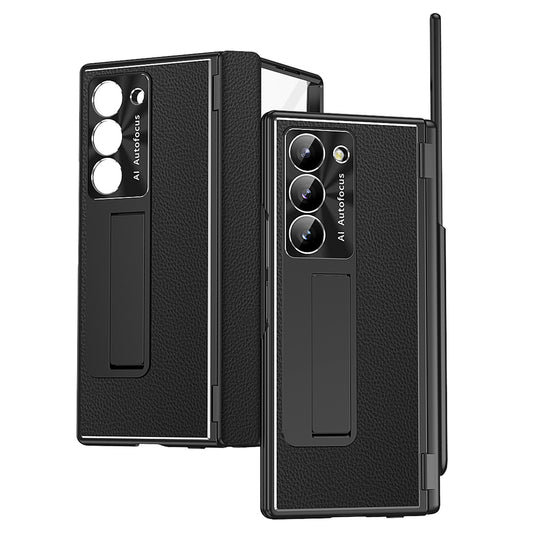 For Samsung Galaxy Z Fold6 5G PU Leather+Aluminum Alloy Kickstand Cover Folding Phone Case with Pen  /  Pen Slot - Black