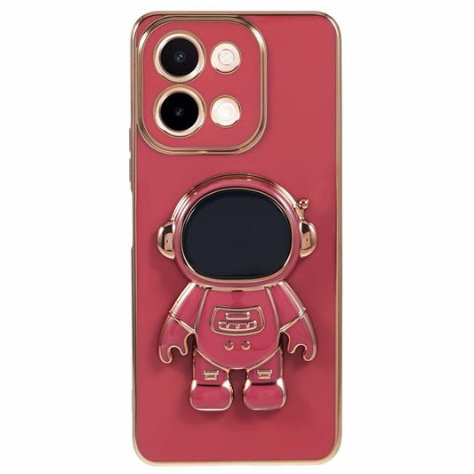 For vivo Y28 4G Case Electroplating Soft TPU Phone Cover Astronaut Hidden Kickstand - Red