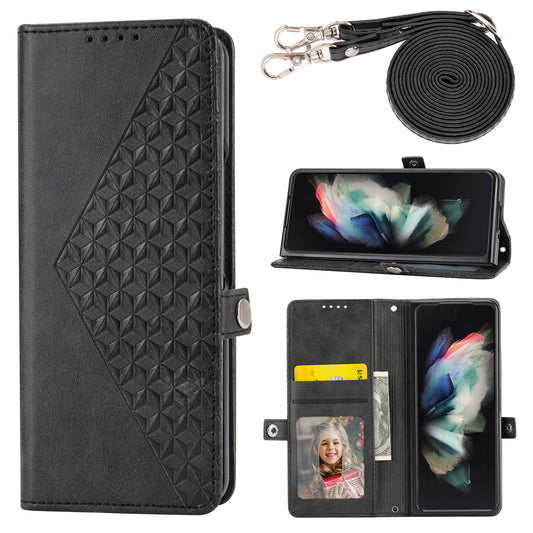 For Samsung Galaxy Z Fold6 5G Wallet Case Calf Texture PU Leather Phone Cover with Shoulder Strap - Black