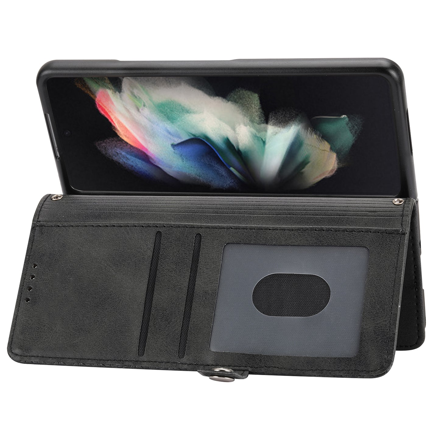 For Samsung Galaxy Z Fold6 5G Wallet Case Calf Texture PU Leather Phone Cover with Shoulder Strap - Black
