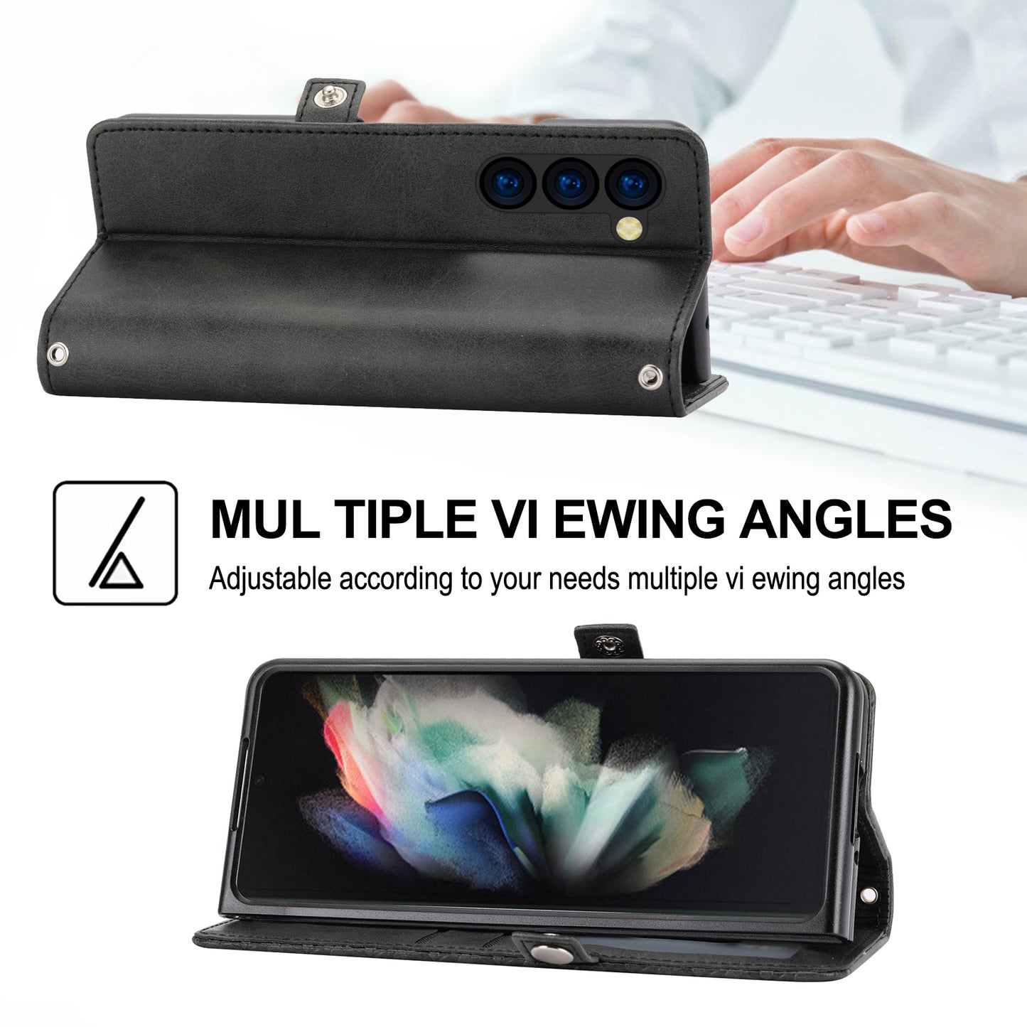 For Samsung Galaxy Z Fold6 5G Wallet Case Calf Texture PU Leather Phone Cover with Shoulder Strap - Black