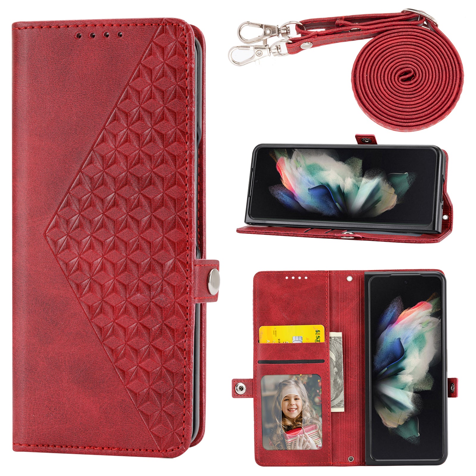 For Samsung Galaxy Z Fold6 5G Wallet Case Calf Texture PU Leather Phone Cover with Shoulder Strap - Red