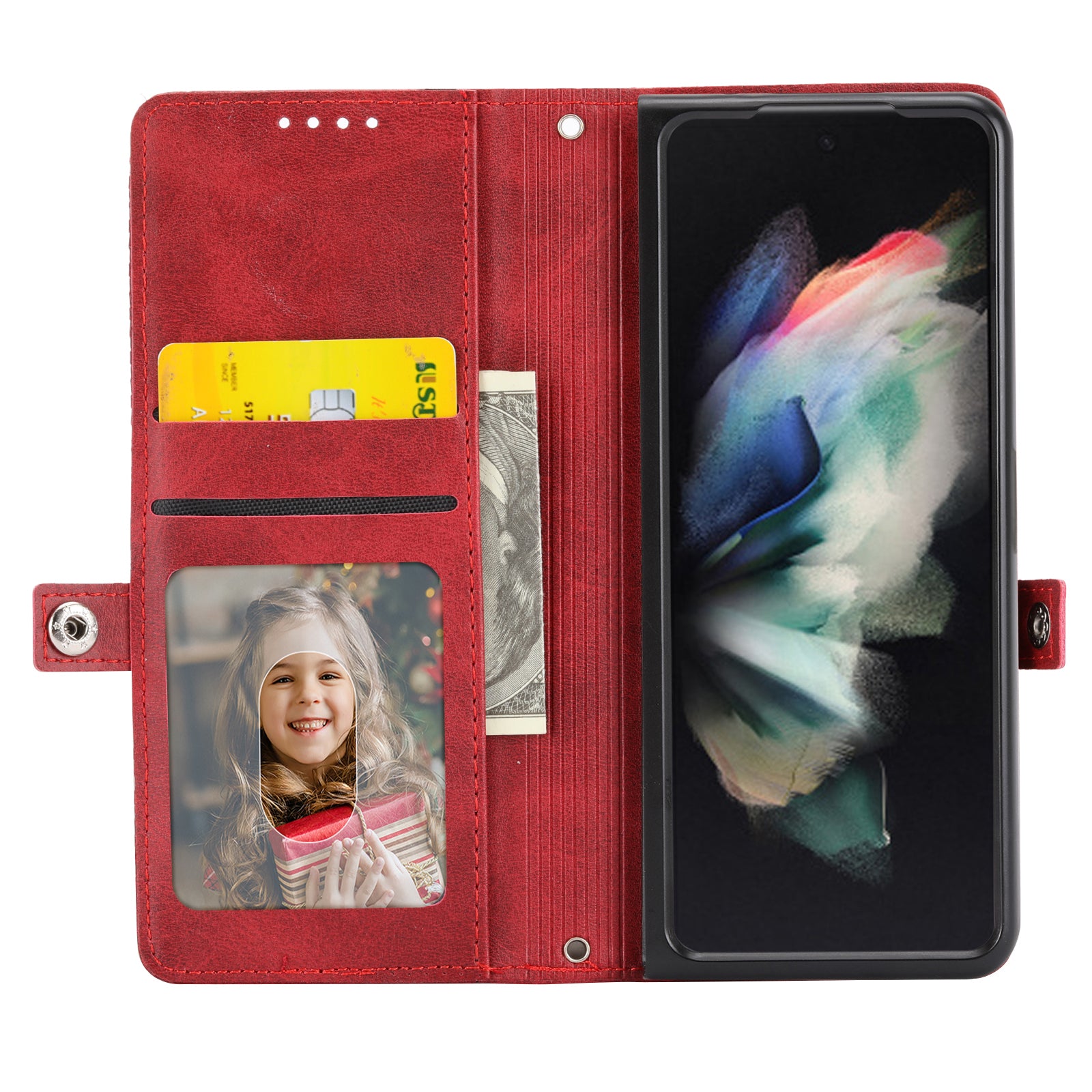 For Samsung Galaxy Z Fold6 5G Wallet Case Calf Texture PU Leather Phone Cover with Shoulder Strap - Red