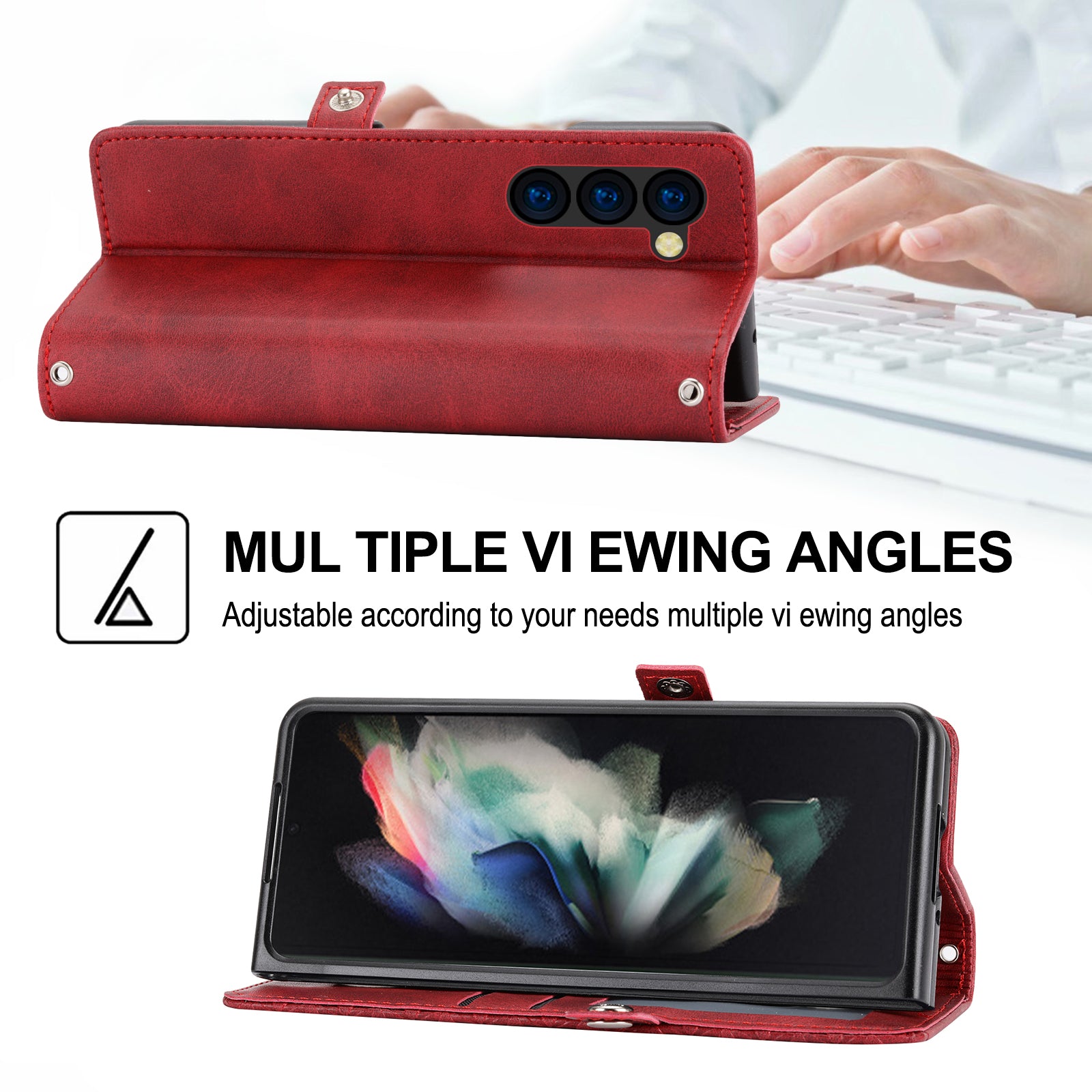 For Samsung Galaxy Z Fold6 5G Wallet Case Calf Texture PU Leather Phone Cover with Shoulder Strap - Red