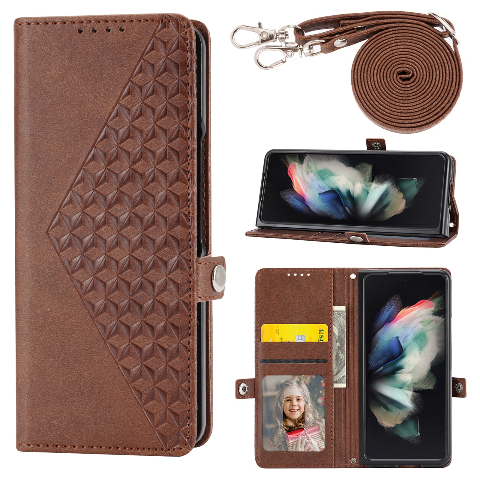 For Samsung Galaxy Z Fold6 5G Wallet Case Calf Texture PU Leather Phone Cover with Shoulder Strap - Brown