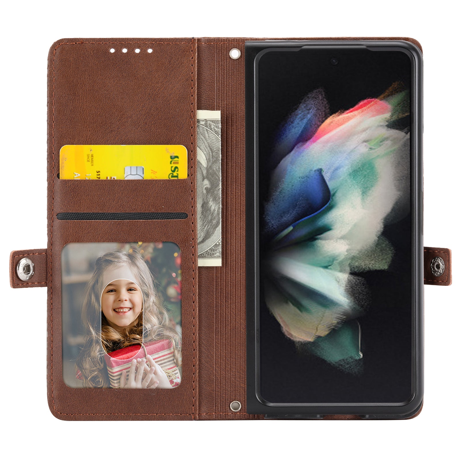 For Samsung Galaxy Z Fold6 5G Wallet Case Calf Texture PU Leather Phone Cover with Shoulder Strap - Brown