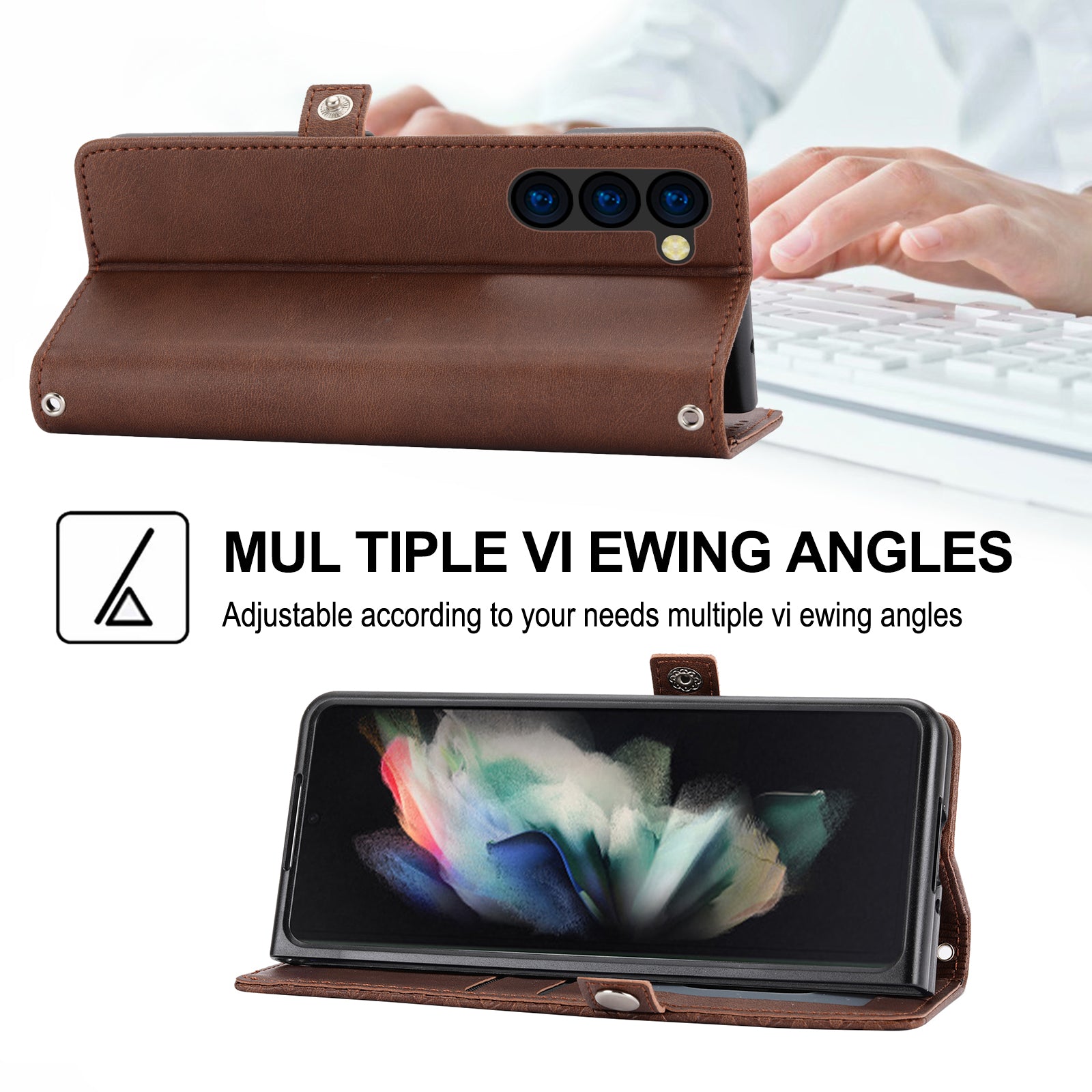 For Samsung Galaxy Z Fold6 5G Wallet Case Calf Texture PU Leather Phone Cover with Shoulder Strap - Brown