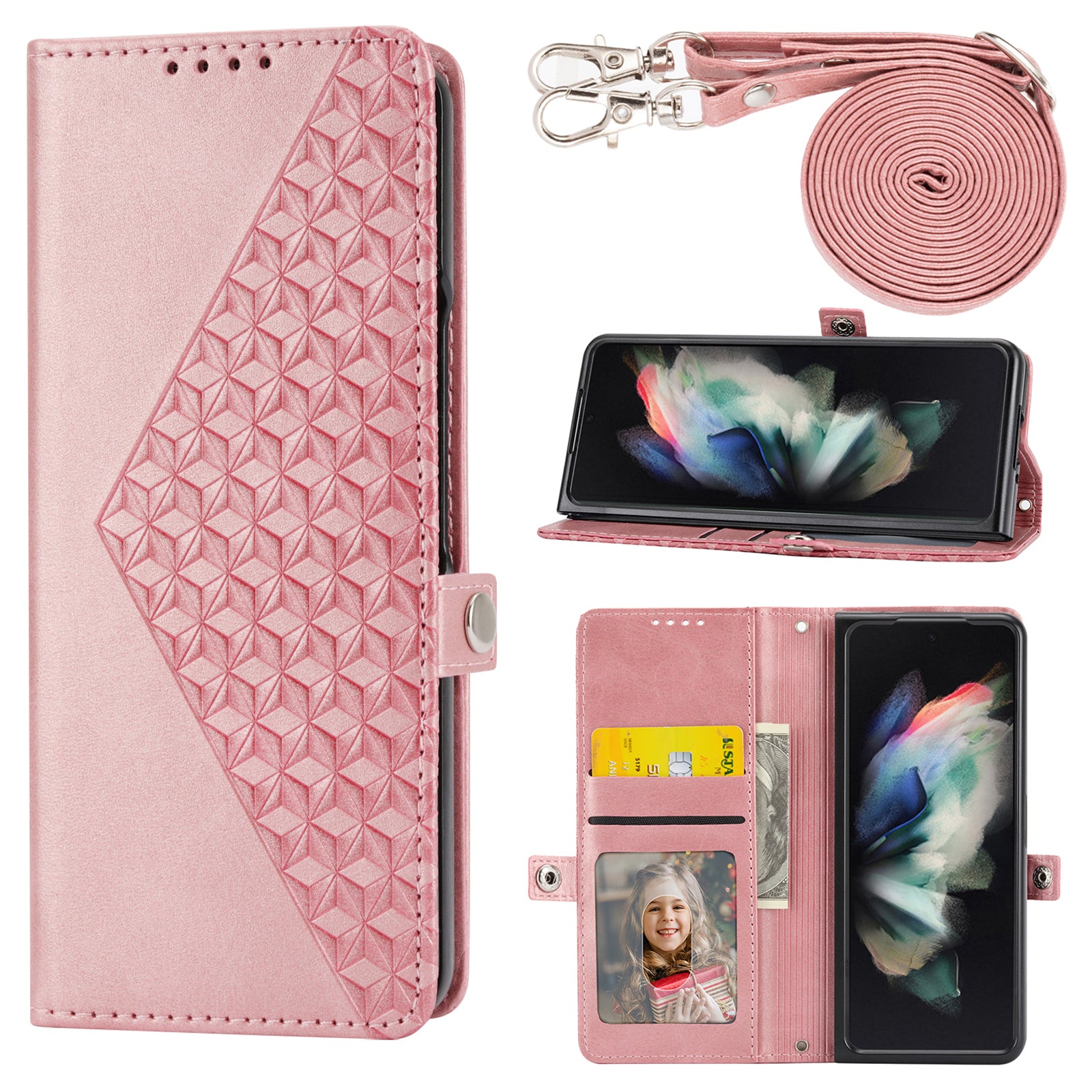 For Samsung Galaxy Z Fold6 5G Wallet Case Calf Texture PU Leather Phone Cover with Shoulder Strap - Rose Gold