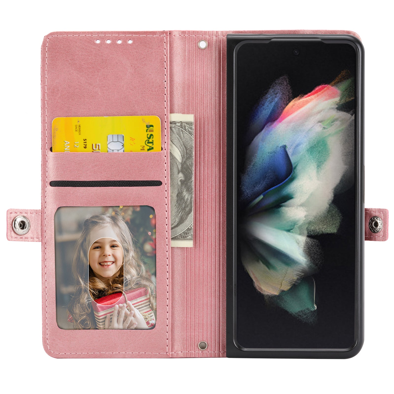 For Samsung Galaxy Z Fold6 5G Wallet Case Calf Texture PU Leather Phone Cover with Shoulder Strap - Rose Gold