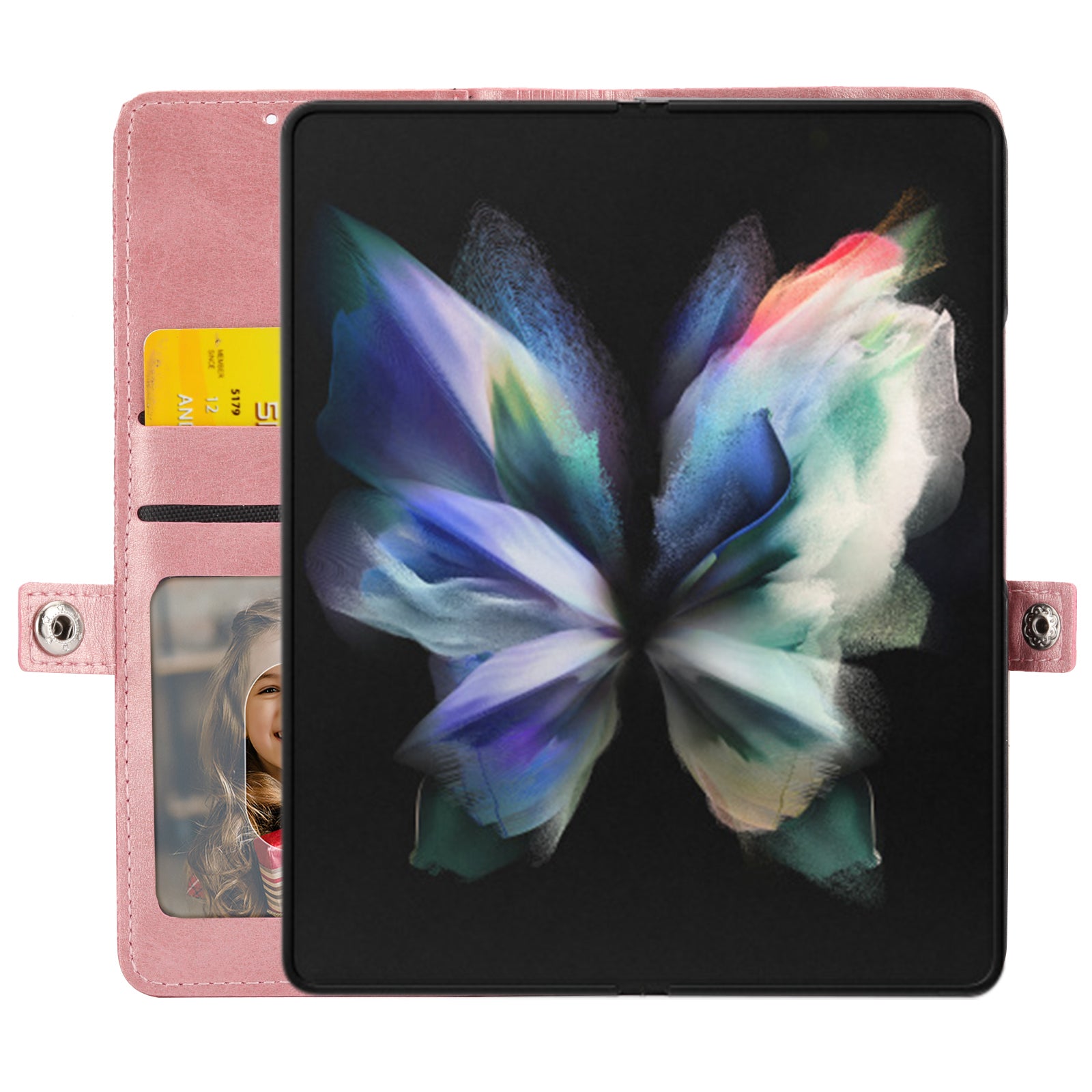 For Samsung Galaxy Z Fold6 5G Wallet Case Calf Texture PU Leather Phone Cover with Shoulder Strap - Rose Gold