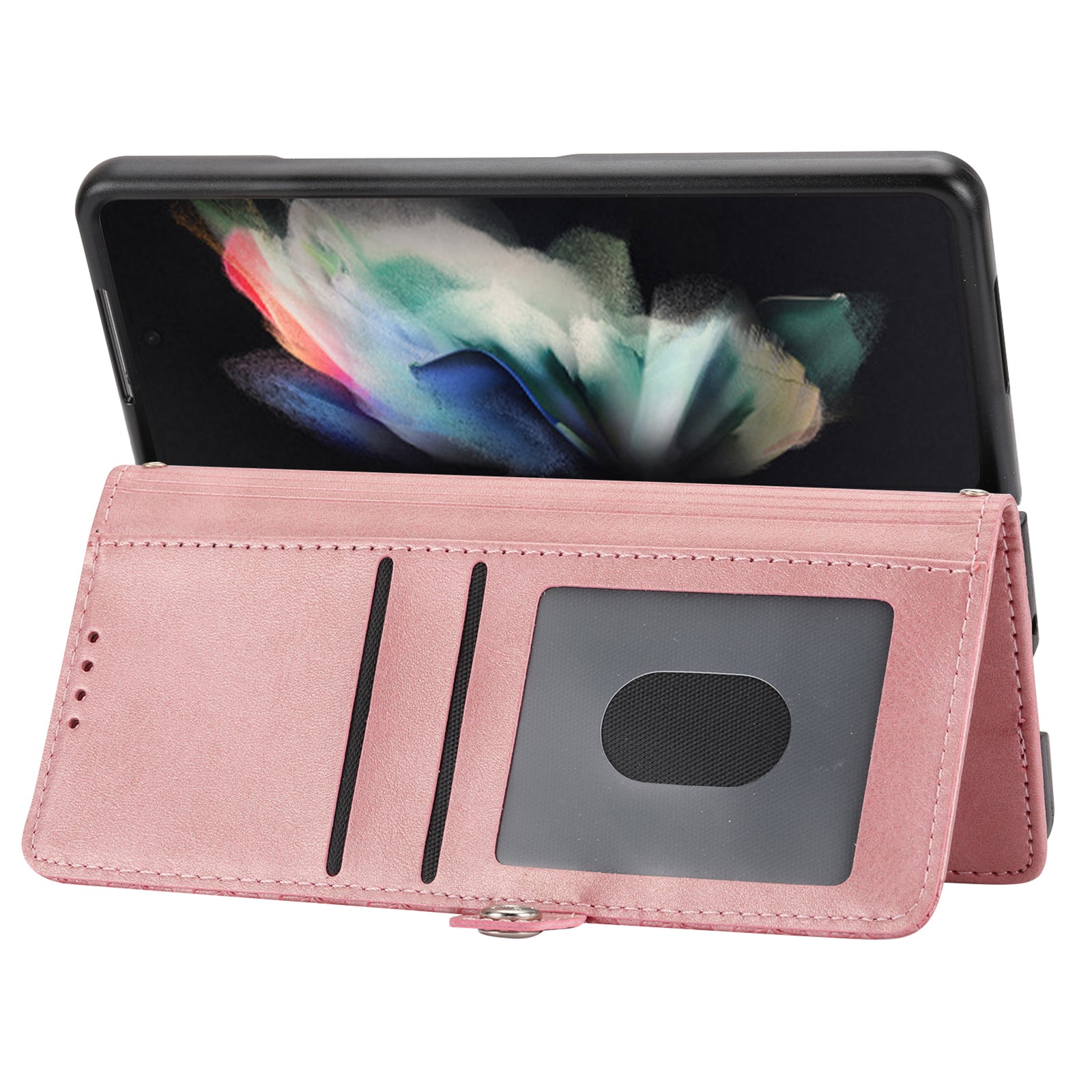 For Samsung Galaxy Z Fold6 5G Wallet Case Calf Texture PU Leather Phone Cover with Shoulder Strap - Rose Gold