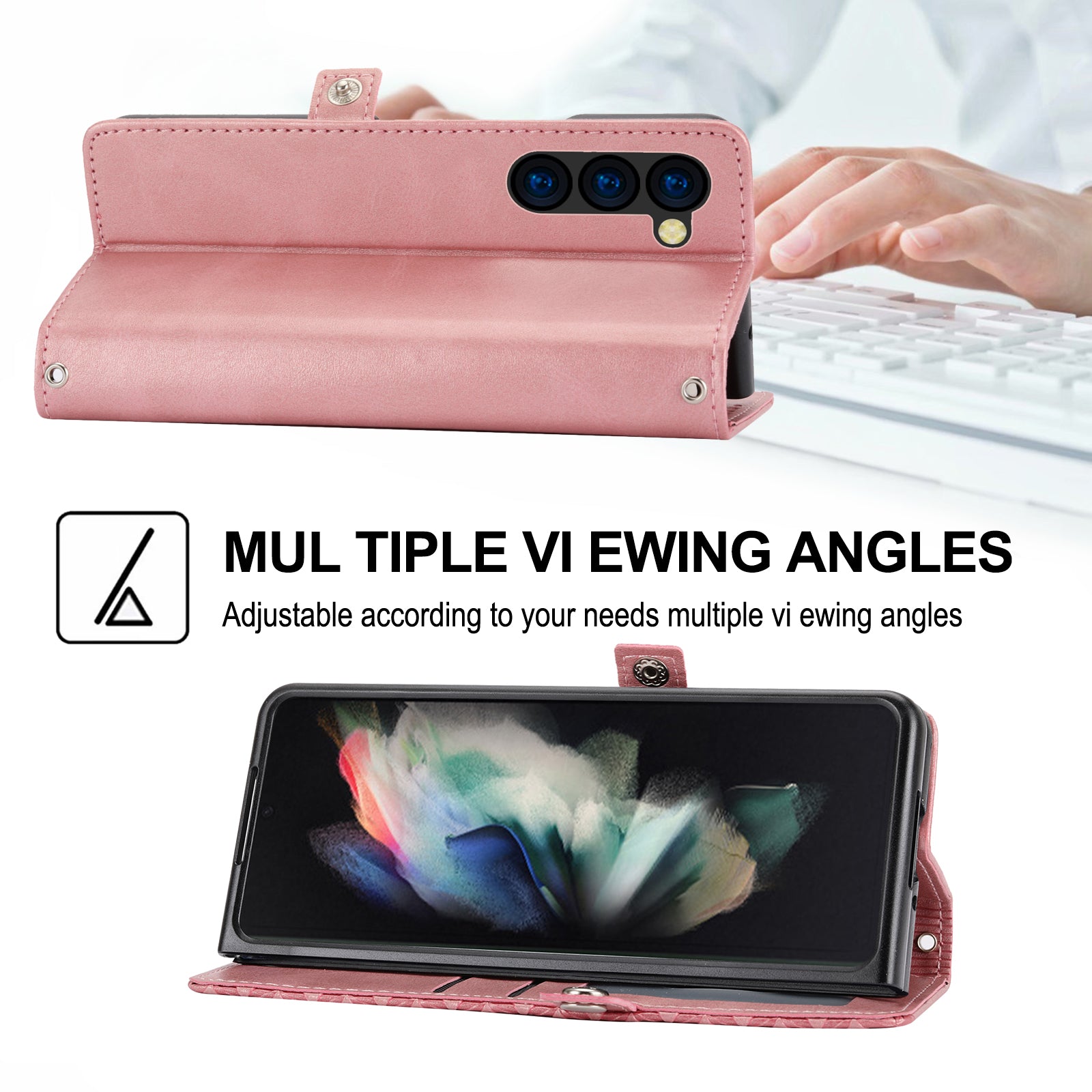 For Samsung Galaxy Z Fold6 5G Wallet Case Calf Texture PU Leather Phone Cover with Shoulder Strap - Rose Gold