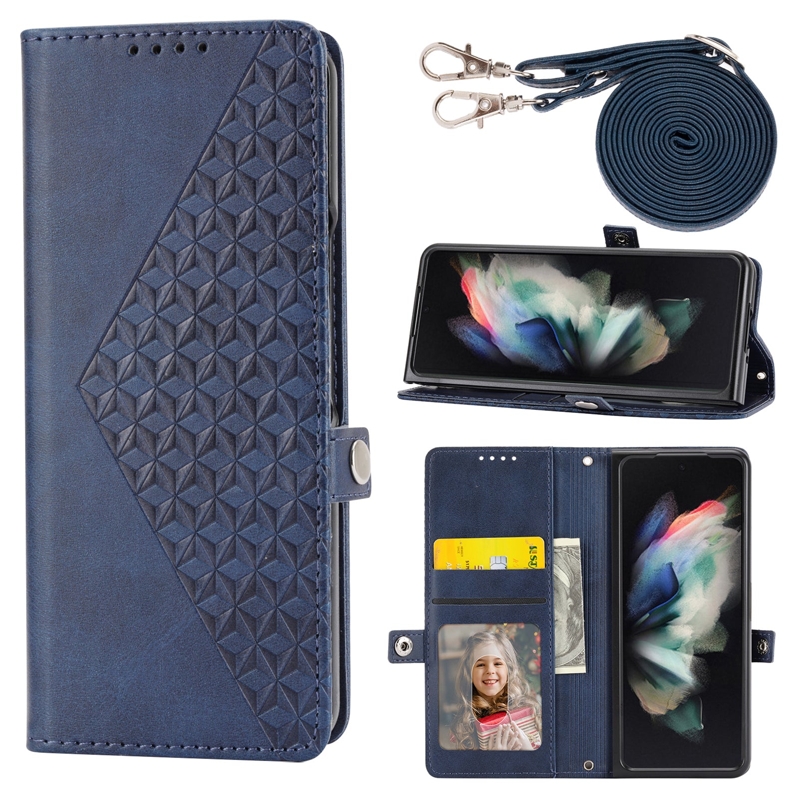 For Samsung Galaxy Z Fold6 5G Wallet Case Calf Texture PU Leather Phone Cover with Shoulder Strap - Blue