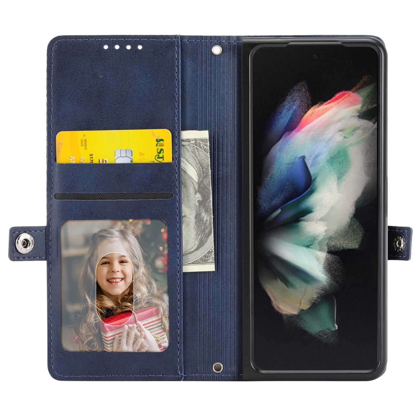 For Samsung Galaxy Z Fold6 5G Wallet Case Calf Texture PU Leather Phone Cover with Shoulder Strap - Blue