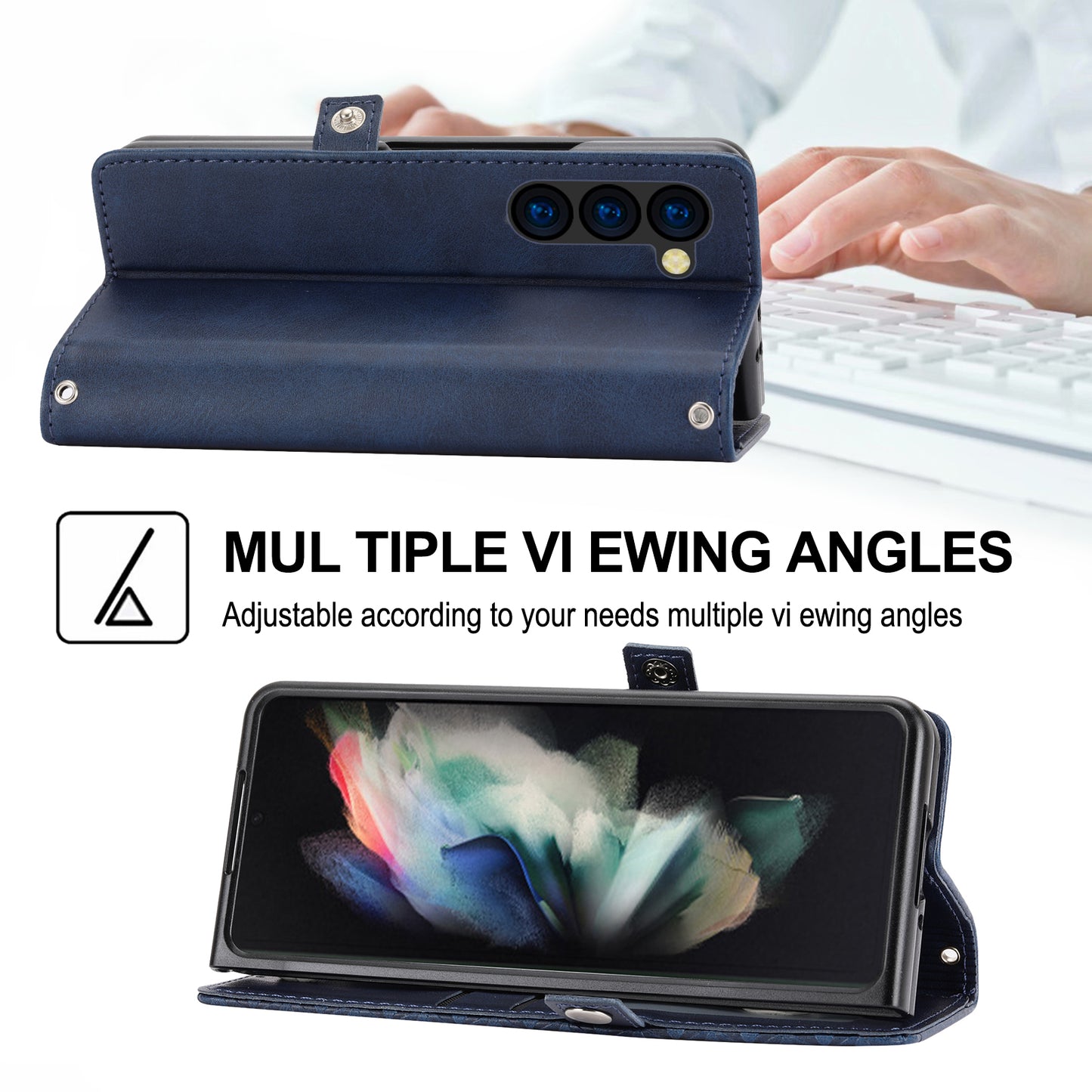 For Samsung Galaxy Z Fold6 5G Wallet Case Calf Texture PU Leather Phone Cover with Shoulder Strap - Blue