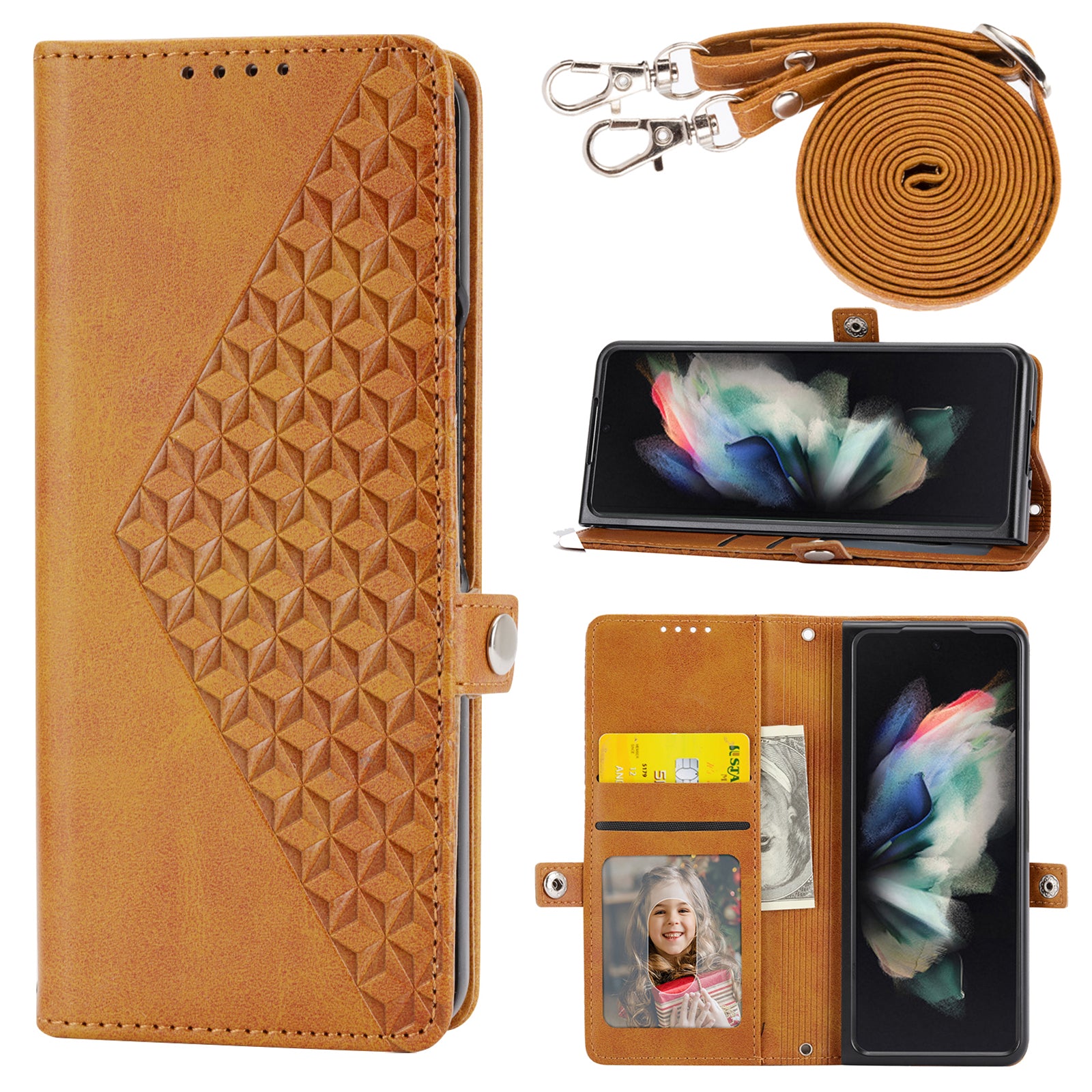 For Samsung Galaxy Z Fold6 5G Wallet Case Calf Texture PU Leather Phone Cover with Shoulder Strap - Yellow