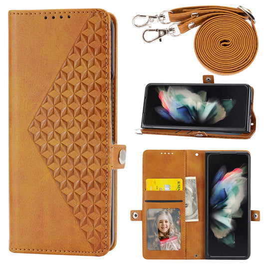 For Samsung Galaxy Z Fold6 5G Wallet Case Calf Texture PU Leather Phone Cover with Shoulder Strap - Yellow