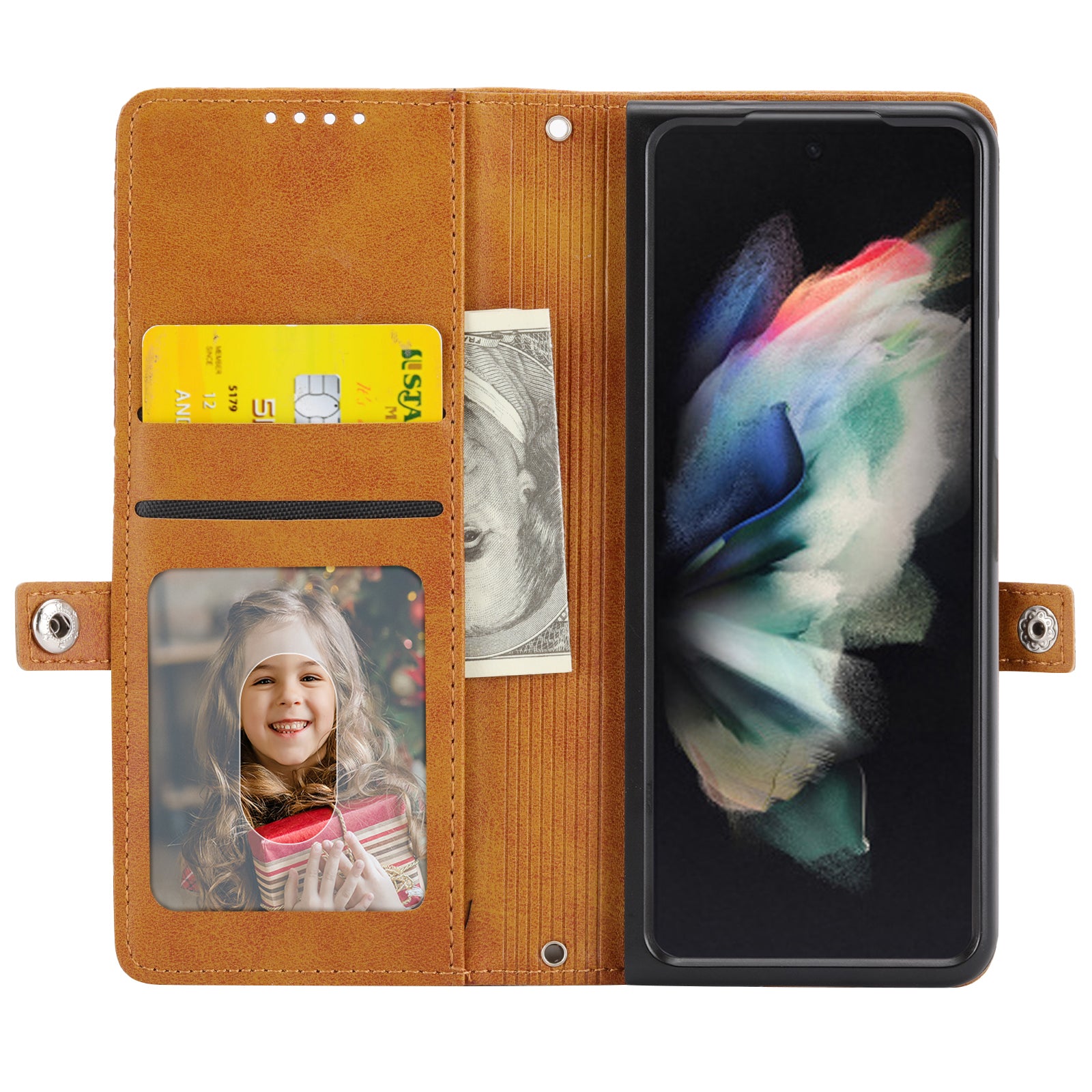 For Samsung Galaxy Z Fold6 5G Wallet Case Calf Texture PU Leather Phone Cover with Shoulder Strap - Yellow