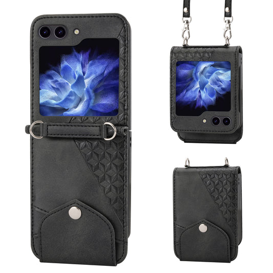 For Samsung Galaxy Z Flip6 5G Case Calf Texture PU Leather Phone Cover with Shoulder Strap - Black