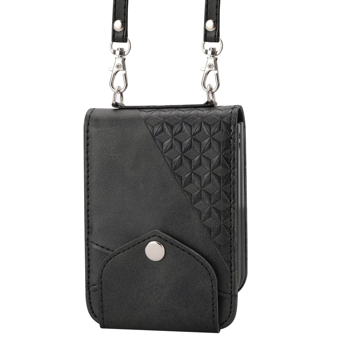For Samsung Galaxy Z Flip6 5G Case Calf Texture PU Leather Phone Cover with Shoulder Strap - Black