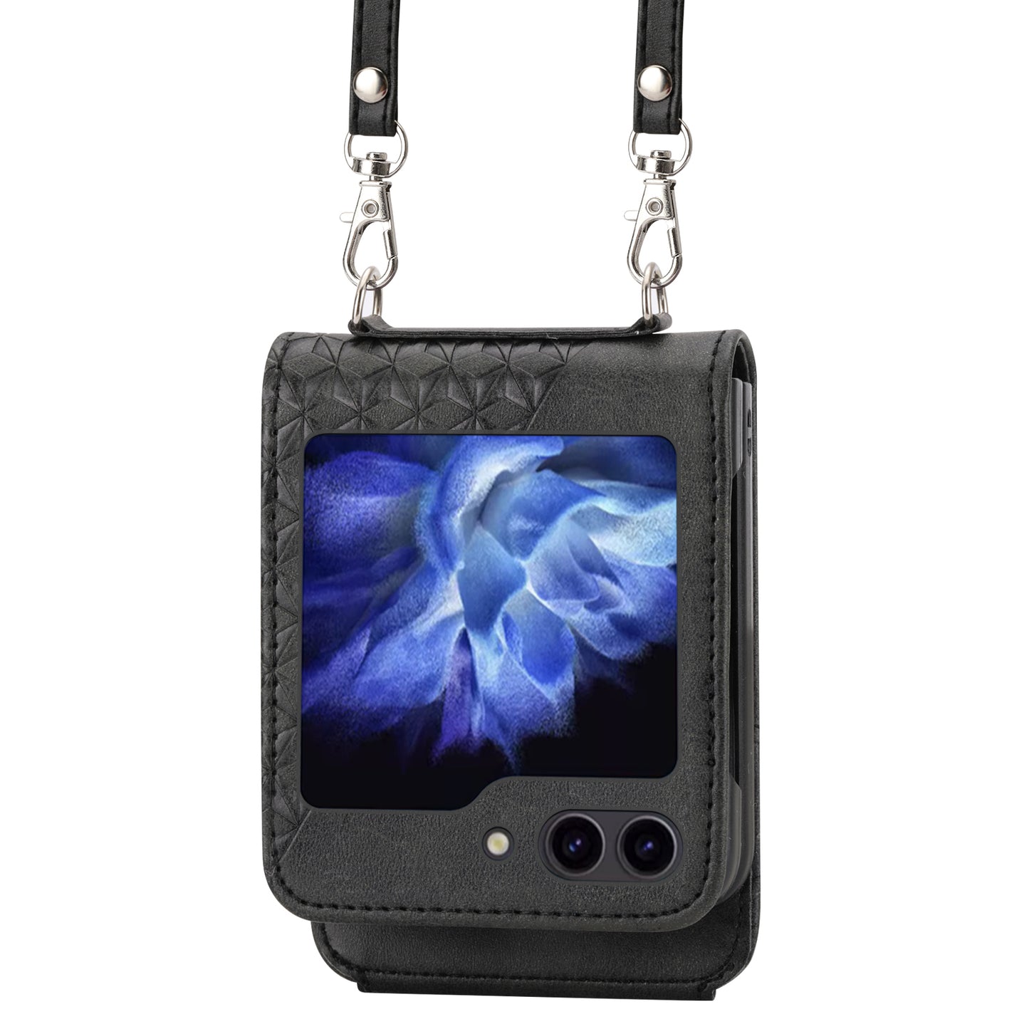 For Samsung Galaxy Z Flip6 5G Case Calf Texture PU Leather Phone Cover with Shoulder Strap - Black
