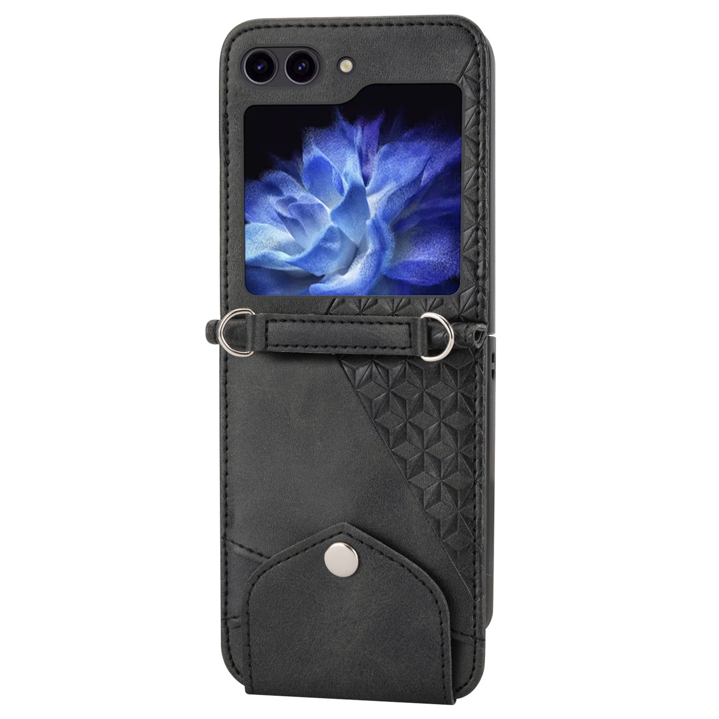 For Samsung Galaxy Z Flip6 5G Case Calf Texture PU Leather Phone Cover with Shoulder Strap - Black