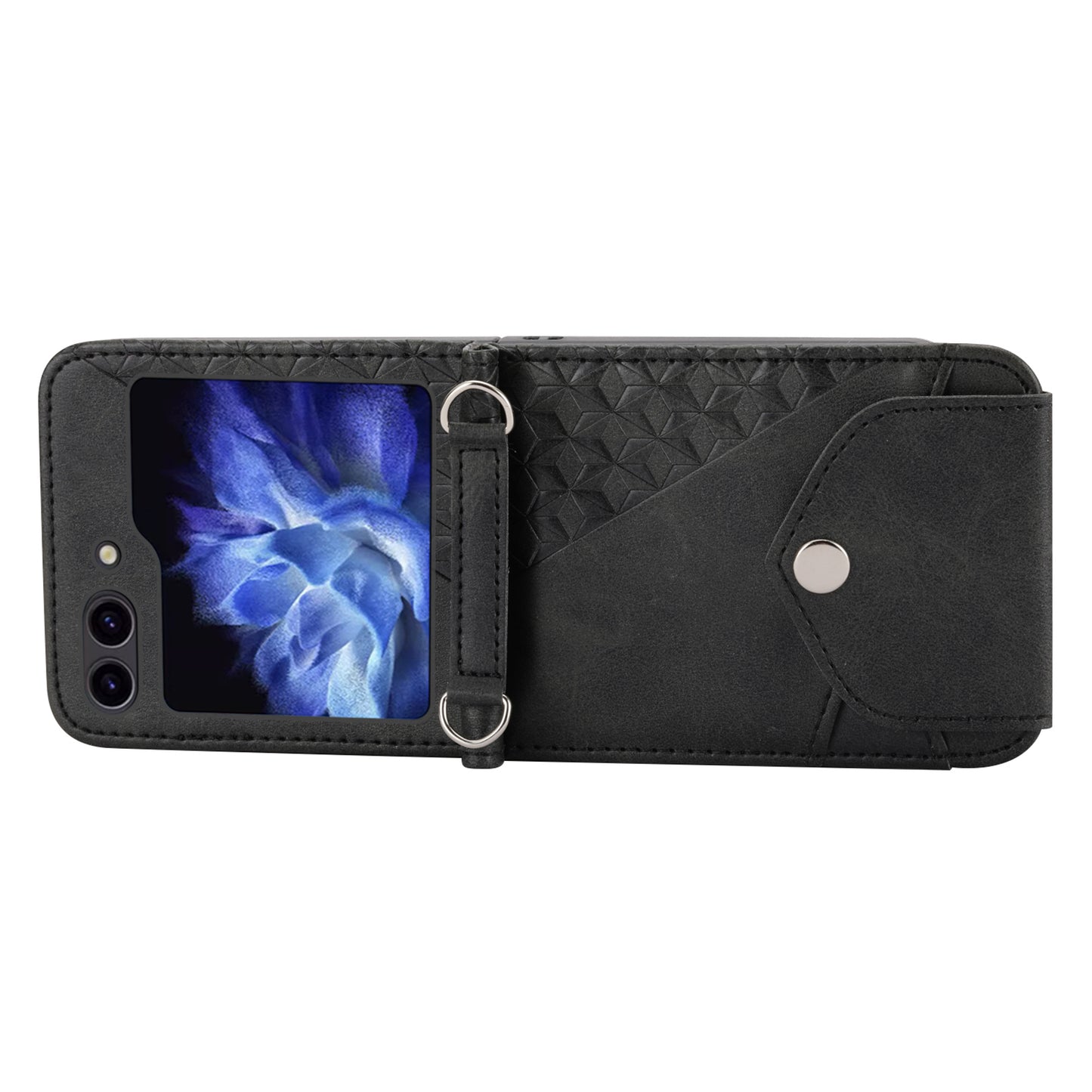 For Samsung Galaxy Z Flip6 5G Case Calf Texture PU Leather Phone Cover with Shoulder Strap - Black