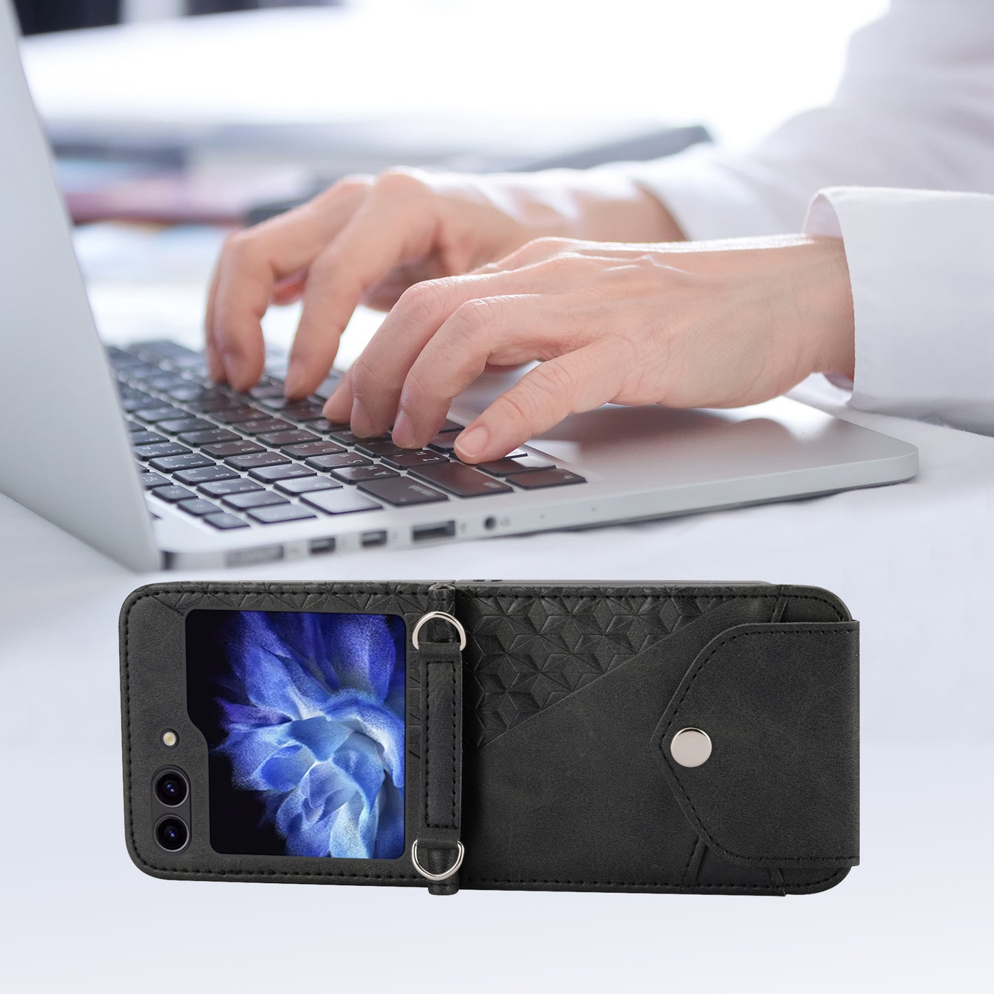 For Samsung Galaxy Z Flip6 5G Case Calf Texture PU Leather Phone Cover with Shoulder Strap - Black