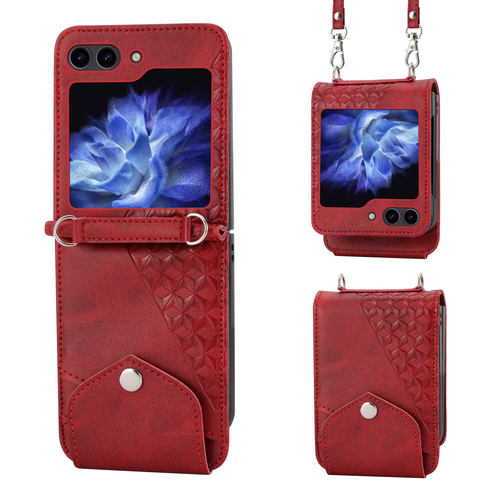 For Samsung Galaxy Z Flip6 5G Case Calf Texture PU Leather Phone Cover with Shoulder Strap - Red