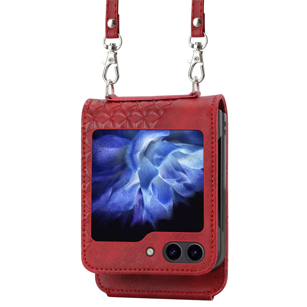 For Samsung Galaxy Z Flip7 FE 5G / Z Flip6 5G Case Calf Texture PU Leather Phone Cover with Shoulder Strap - Red