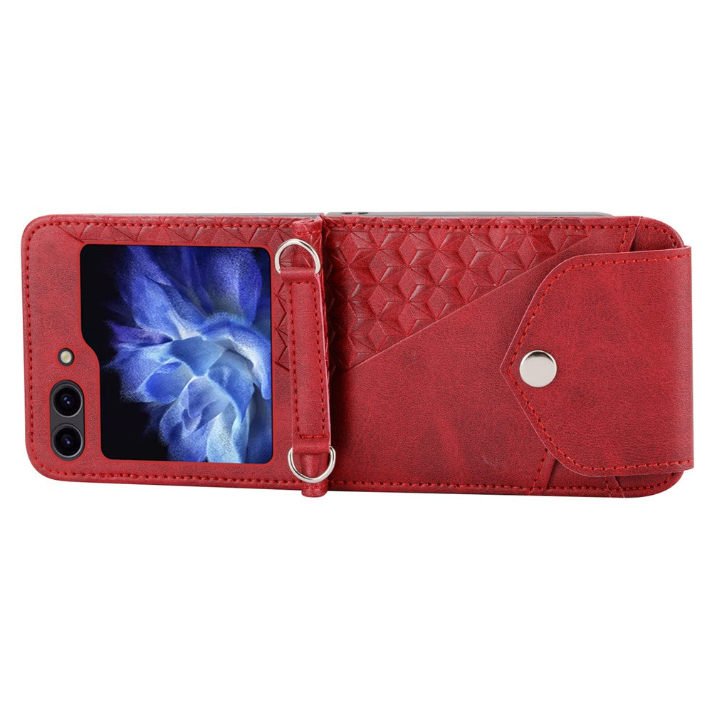 For Samsung Galaxy Z Flip7 FE 5G / Z Flip6 5G Case Calf Texture PU Leather Phone Cover with Shoulder Strap - Red