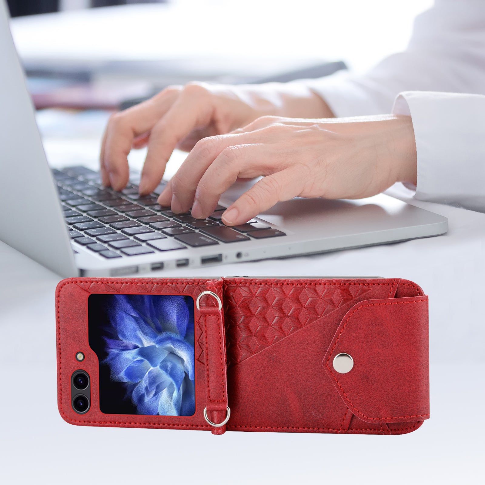 For Samsung Galaxy Z Flip6 5G Case Calf Texture PU Leather Phone Cover with Shoulder Strap - Red