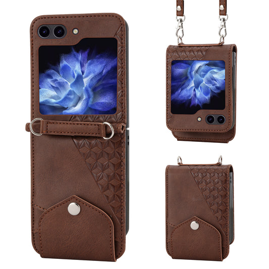 For Samsung Galaxy Z Flip6 5G Case Calf Texture PU Leather Phone Cover with Shoulder Strap - Brown