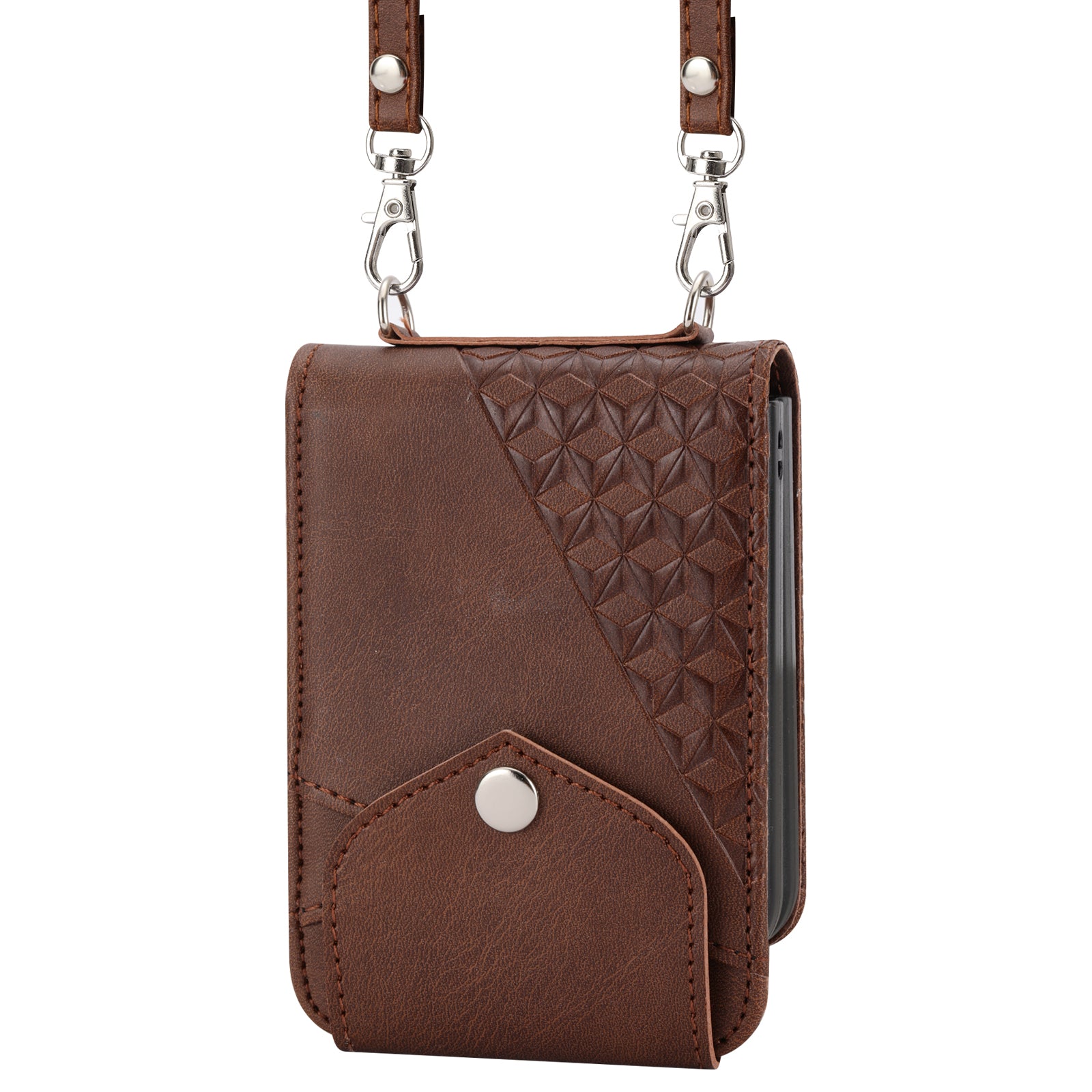 For Samsung Galaxy Z Flip6 5G Case Calf Texture PU Leather Phone Cover with Shoulder Strap - Brown