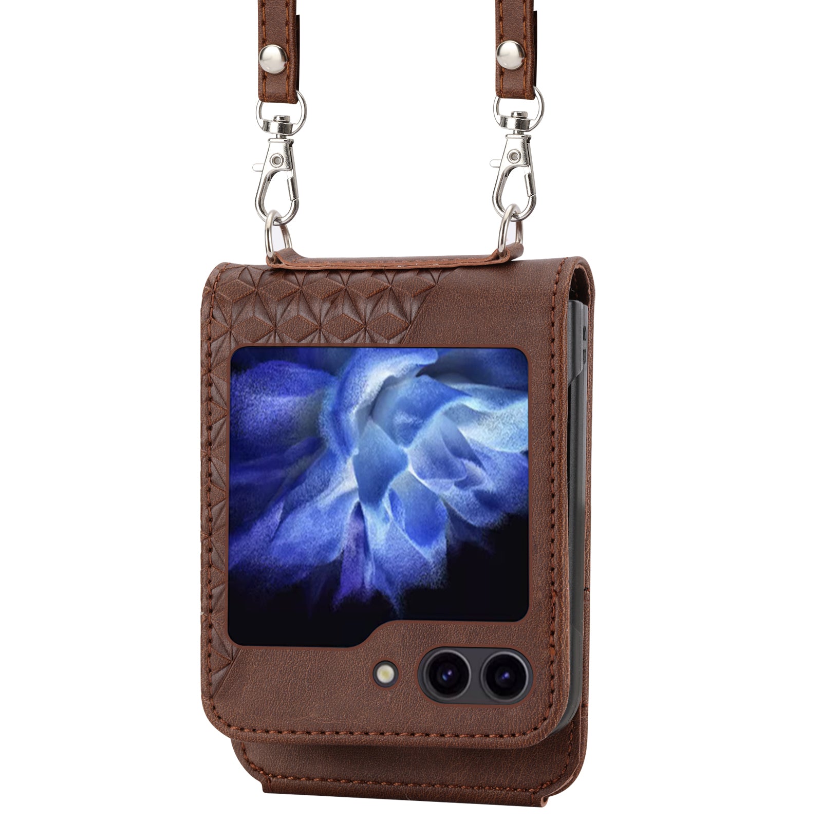 For Samsung Galaxy Z Flip6 5G Case Calf Texture PU Leather Phone Cover with Shoulder Strap - Brown
