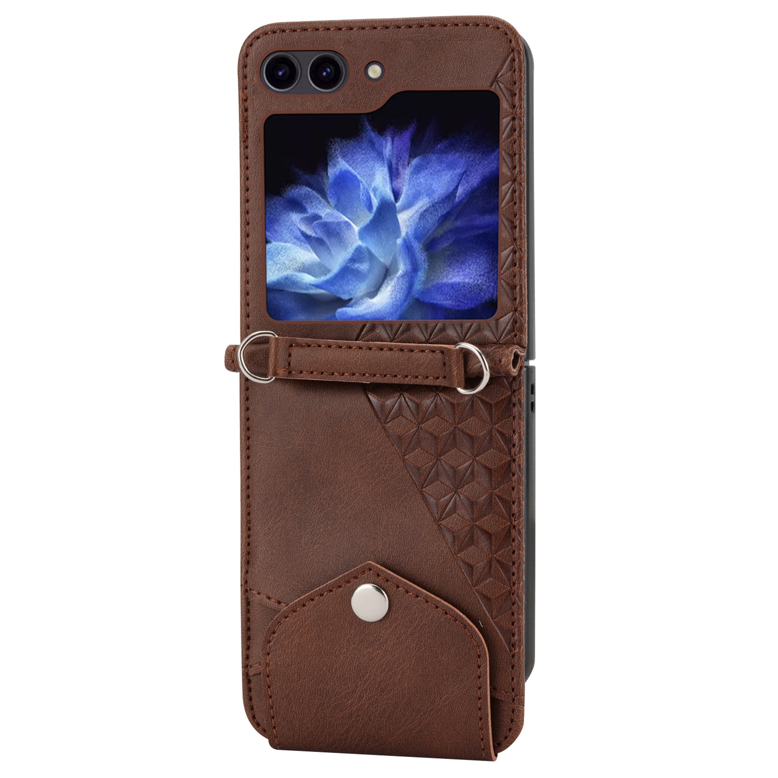 For Samsung Galaxy Z Flip6 5G Case Calf Texture PU Leather Phone Cover with Shoulder Strap - Brown