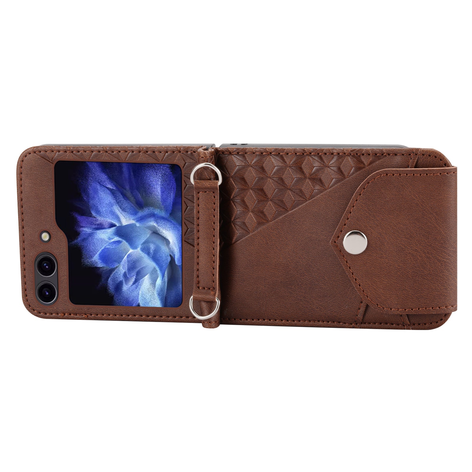 For Samsung Galaxy Z Flip6 5G Case Calf Texture PU Leather Phone Cover with Shoulder Strap - Brown