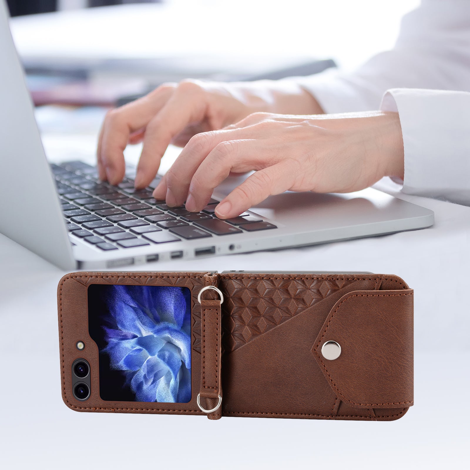 For Samsung Galaxy Z Flip6 5G Case Calf Texture PU Leather Phone Cover with Shoulder Strap - Brown