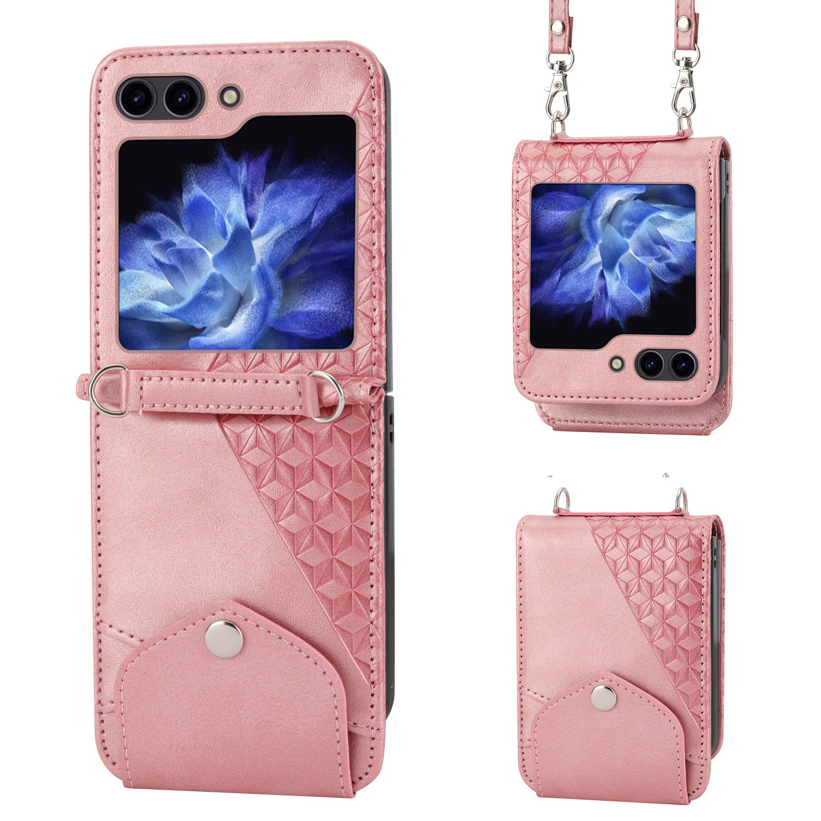For Samsung Galaxy Z Flip6 5G Case Calf Texture PU Leather Phone Cover with Shoulder Strap - Rose Gold