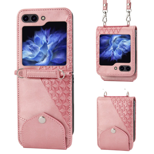 For Samsung Galaxy Z Flip6 5G Case Calf Texture PU Leather Phone Cover with Shoulder Strap - Rose Gold
