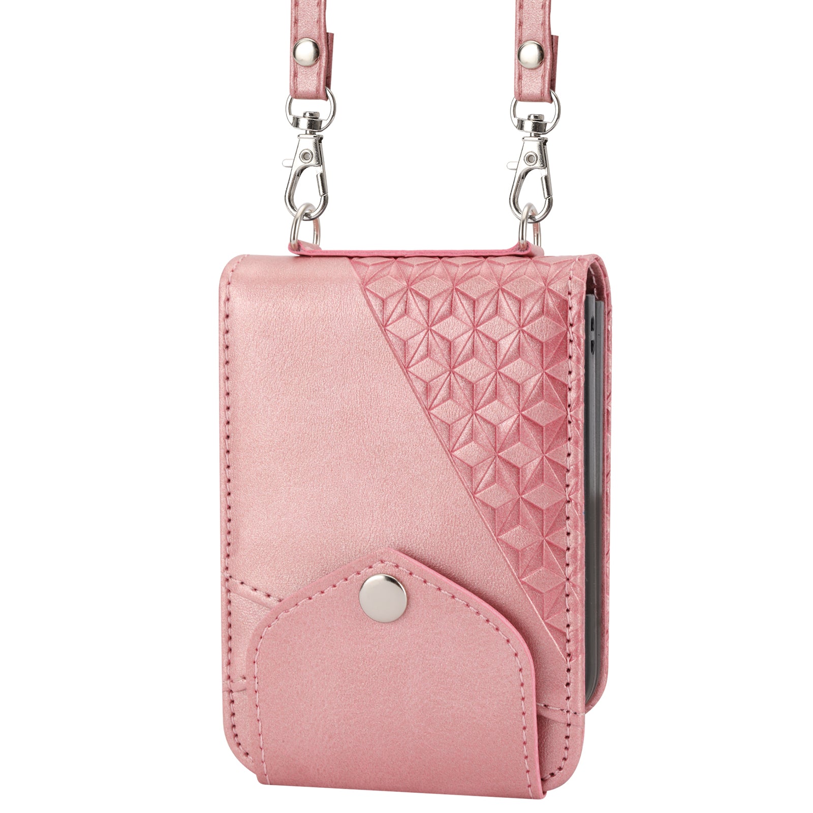 For Samsung Galaxy Z Flip6 5G Case Calf Texture PU Leather Phone Cover with Shoulder Strap - Rose Gold